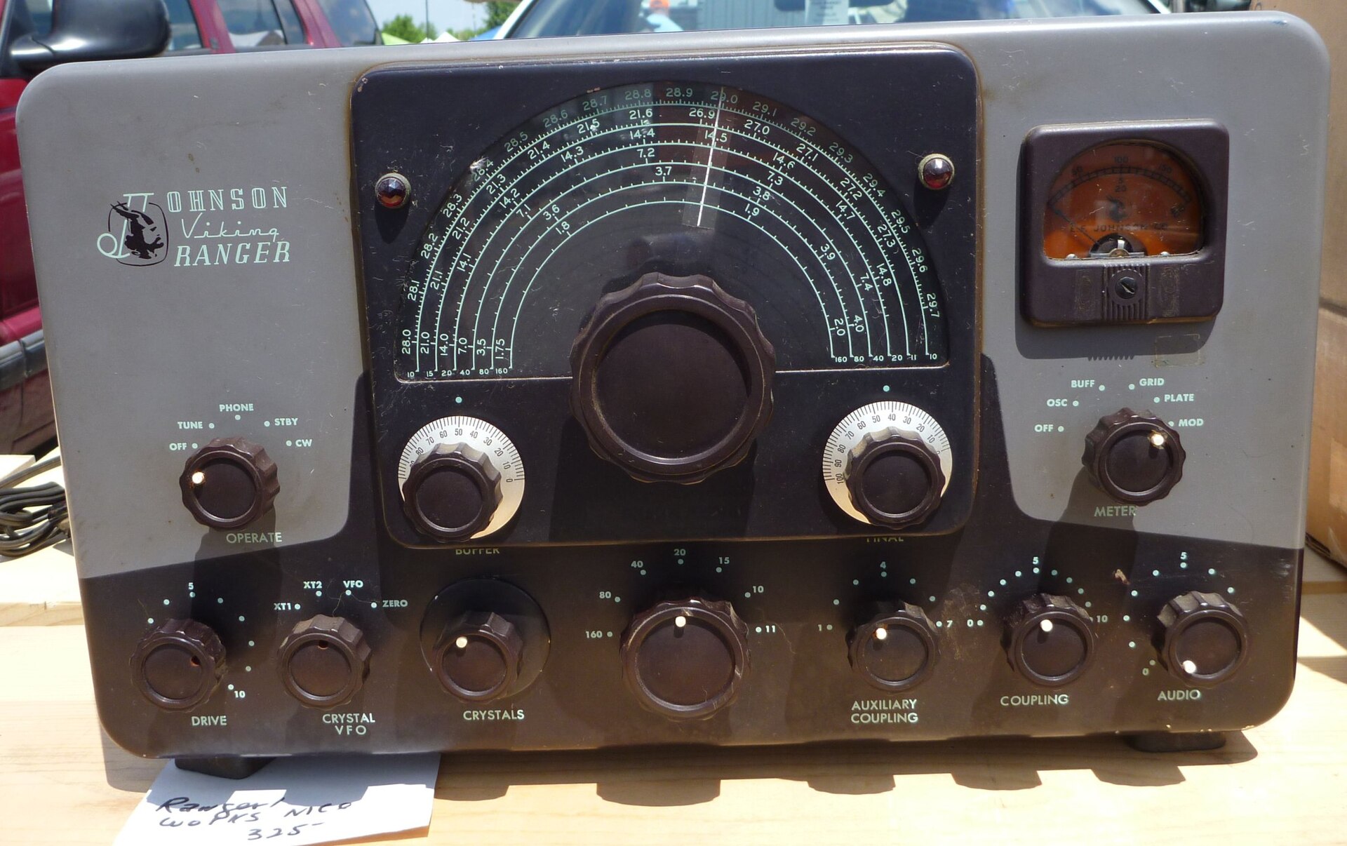 Figure 3 — A Johnson Viking Ranger — one of the plate-modulated transmitters the AM community keeps running on purpose, with a plate-current meter that swings with the voice. SSB won the efficiency argument; …